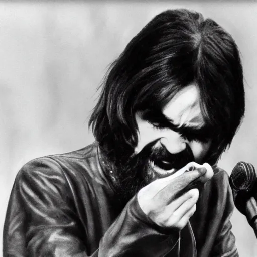 Image similar to charles manson singing with the beatles, black and white, portrait, high quality photography, realistic, detailed, uncropped, realistic face,