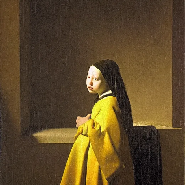 Prompt: baroque painting from 1 6 7 0 of a lonely girl staring out a window at the rain by johannes vermeer, jan vermeer, soft lighting