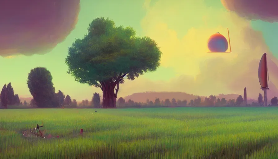 Prompt: colourful sky, wheat field, radio telescope, big trees, matte painting, art station, digital art, simon stalenhag