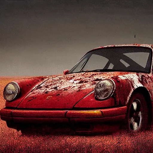 Prompt: hyper realistic painting of an abandoned Porsche 911 Turbo covered in blood, an Australian summer landscape, by Zdzislaw Beksinski, high contrast, gloomy