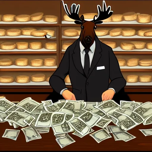 Image similar to a moose behind the counter at a bakery with a suit on piles of money on the counter, trending on art station, 8 k, beautiful lighting