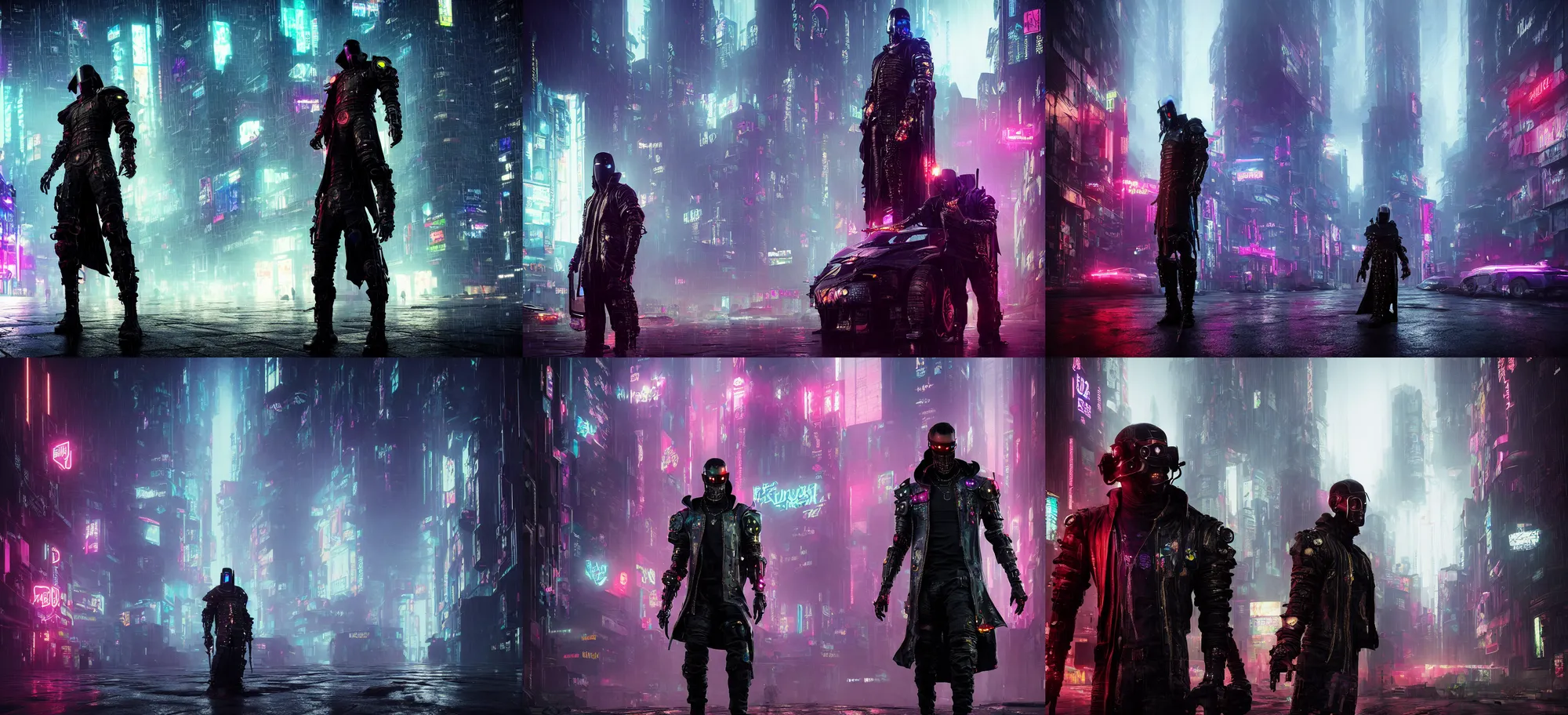 Prompt: an epic portrait of a cyberpunk knight cloak posing in a foggy crowded megacity streets, Night City, cyberpunk 2077, brutalist international futurist, muted neon and constant rain and fog, unreal 5, DAZ, detailed, soft focus, brilliant colors, high contrast, brilliant highlights, 4k, 8k, HD, trending on artstation, trending on DeviantArt, painting oil on canvas illustration by Alena Aenmai by Wayne Barlowe by Gerald Brom by Noah Bradley by Thomas Kincade