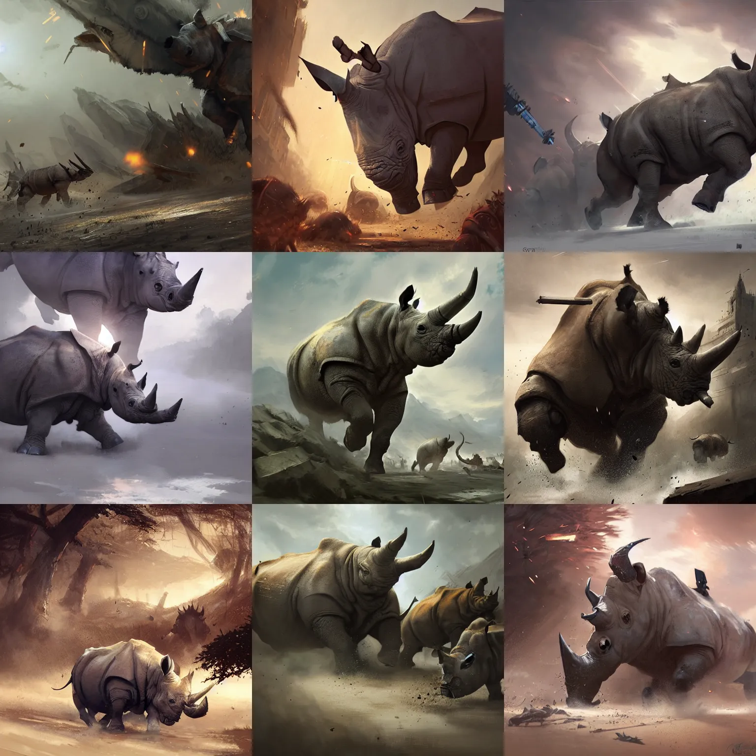 Prompt: rhinocerous in battle by greg rutkowski