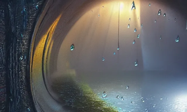 Image similar to beautiful picture of a magical vertical cylindrical tunnel made of big upside-down raindrops joining a dried up river with the sun, highly-detailed, fantastic, dramatic lighting, artstation, 4k