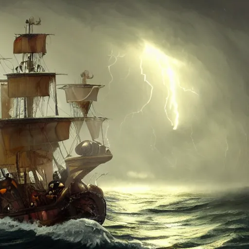 Prompt: pirate people at sea, big storm with lightnings and tornado, trending on artstation