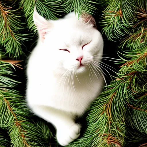 Image similar to a superhero white cat sleeping on bed of pine needles, anime