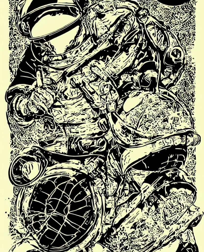 Image similar to turtle ninja astronaut!! on the path to his techno drone spaceship!! art nouveau vector graphic poster!, grunge retro,