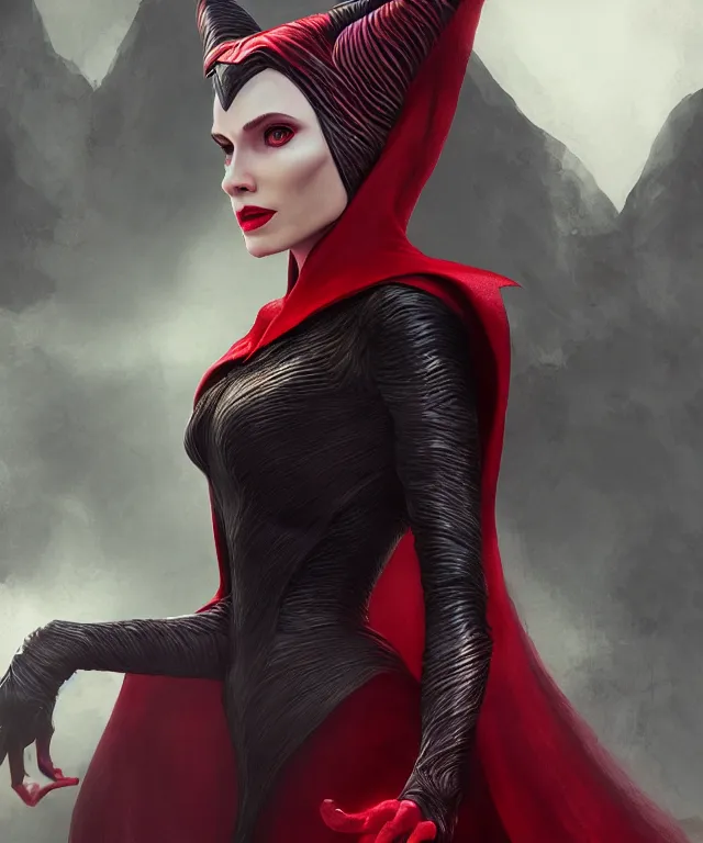 Image similar to scarlet witch as maleficent, nostalgia, very detailed texture, realistic shaded lighting, studio quality, digital art, dynamic background, unreal engine 5 rendered, octane rendered, pinnacle studio, naturel, trending on artstation, art style by nixeu and ian sprigger