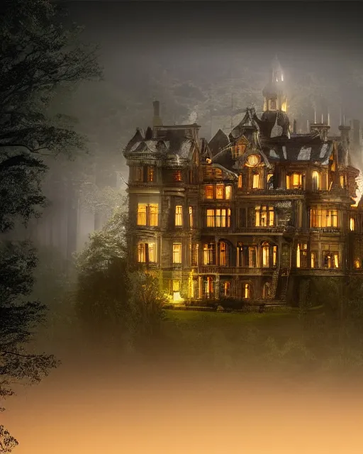 Image similar to a wide angle low photo of a colossal haunted victorian mansion on the edge of a cliff above a misty forest at night, volumetric light, epic proportions, ectoplasm, mystical, occult, alchemy, ultra detailed, 8 k