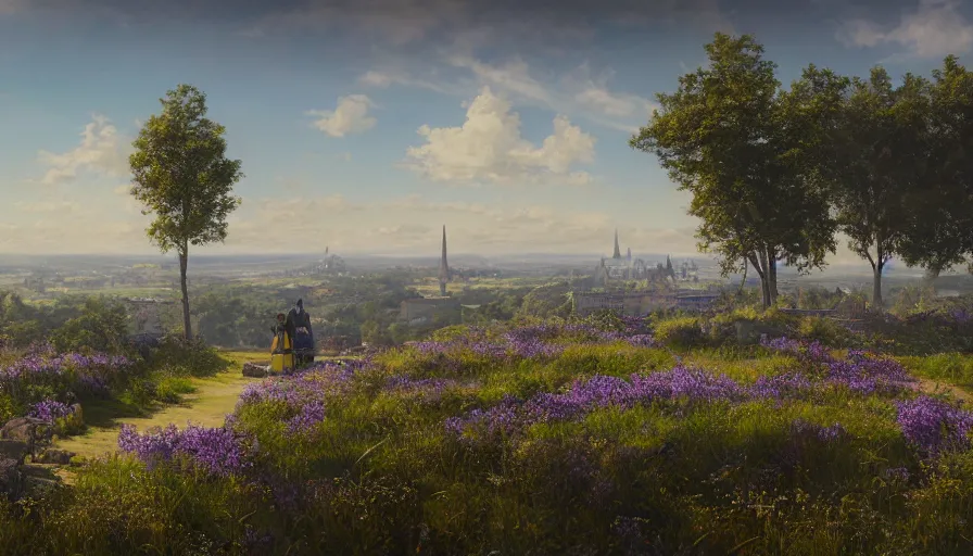 Prompt: landscape painting drone shot of violet evergarden standing on a distant flower hill, behind it a distant old german city, blue sky, sunshine, fantasy, intricate, elegant, highly detailed, digital painting, artstation, blender, unreal engine 5, octane render, smooth, sharp focus, illustration, by Philipp A. Urlich and greg rutkowski