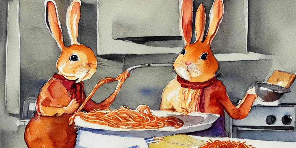 Image similar to a rabbit dressed as a chef cooks spaghetti bolognese in a french kitchen, watercolour