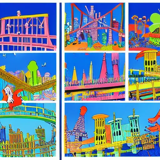 Prompt: colorful city by dr seuss, with towers, bridges, stairs, inhabited by creatures
