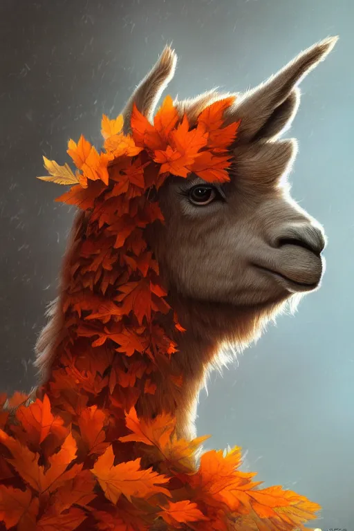 Image similar to beautiful digital painting of anthro llama, orange oak leaves, D&D, fantasy, intricate, anthro, cinematic lighting, highly detailed, digital painting, Artstation, anthro concept art, smooth, sharp focus, illustration, llama art by Artgerm and Greg Rutkowski and Rossdraws