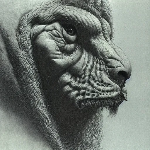 Image similar to creature with with four faces : eagle, bull, man, lion. drawn by zdzislaw beksinski