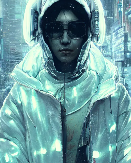 Image similar to detailed portrait ghost, cyberpunk futuristic neon, reflective puffy coat, decorated with traditional japanese ornaments by ismail inceoglu dragan bibin hans thoma greg rutkowski alexandros pyromallis nekro rene maritte illustrated, perfect face, fine details, realistic shaded, fine - face, pretty face