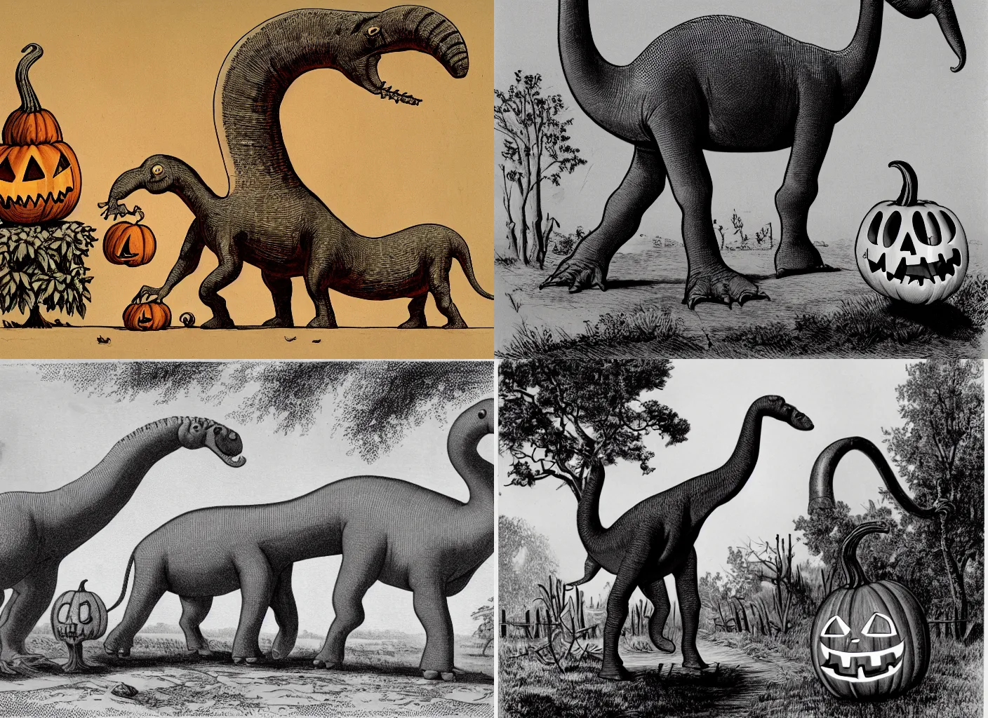 Prompt: photo of brontosaurus with jack o lantern body, hulton archives, high resolution, getty images