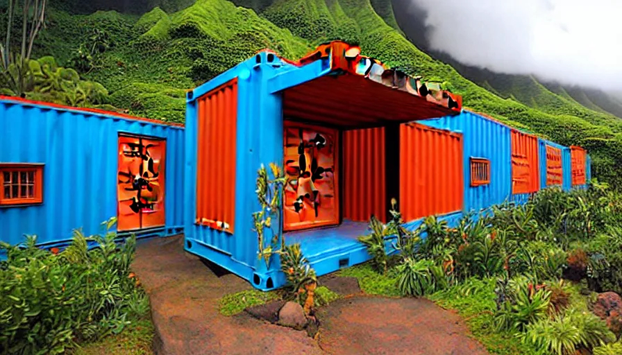 Image similar to hobbit monastery made of shipping containers, on hawaii, by Ivan Bilibin,