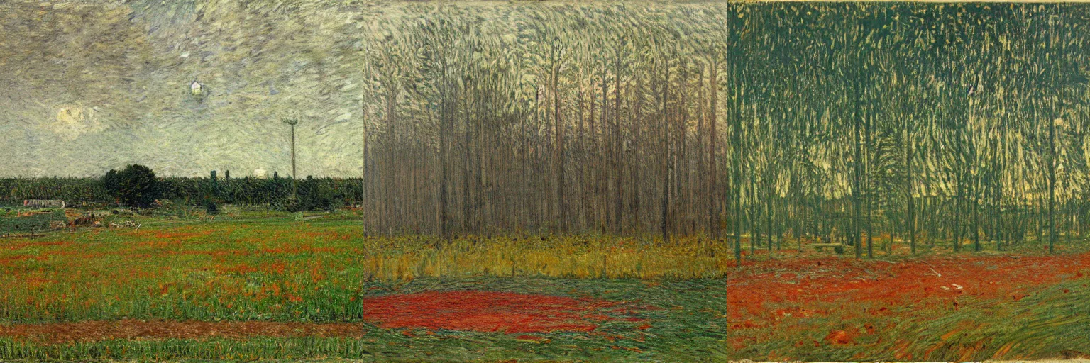 Prompt: Hail and fire, mingled with blood, are thrown to the earth burning up a third of the trees and green grass by Simon Stålenhag and Childe Hassam, oil on canvas