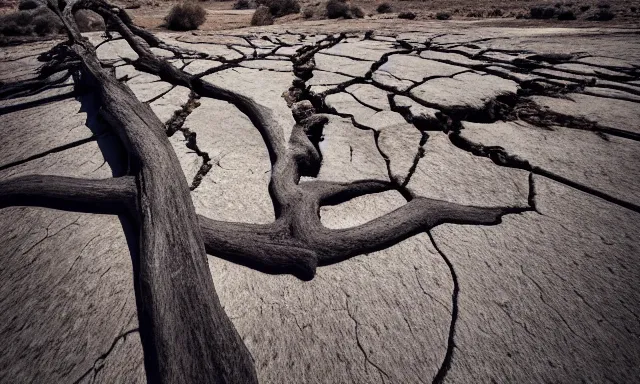 Image similar to medium shot of a nondescript crying ancient dried up Danu, peaceful, facing the camera and standing in front of a dried up river in a desolate land, dead trees, blue sky, hot and sunny, highly-detailed, elegant, dramatic lighting, artstation, 4k, cinematic landscape, photograph by Elisabeth Gadd