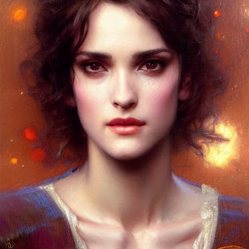 Image similar to portrait of youth winona ryder dressed in t - shirt. highly detailed painting by gaston bussiere, craig mullins, j. c. leyendecker, close shot, 8 k realistic, cryengine, frostbite 3 engine, sharp focus, trending on pinterest, trending on artstation, trending on deviantart