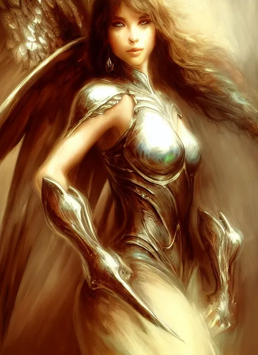 Image similar to concept art, angel knight girl. by artstation trending, by joseph mallord william turner, luis royo, konstantin razumov, cinematic lighting, fractal flame, highly detailed