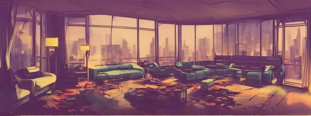 Image similar to concept art, night time retro - futurist penthouse, reflections, moody, designer furniture, high ceiling, 6 0 s colour palette, plants, flowers, floor lamps, multi - level, soft lighting, city view, bladerunner, james jean, syd mead, akihiko yoshida, cinematic