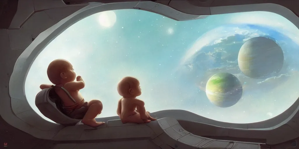 Image similar to a baby by the window of a spaceship looking out at a planet by michael whelan, jim burns, peter andrew jones, michael hutter, sharp digital painting. dreaming latent space. matte painting, concept art. artstation. digital render.