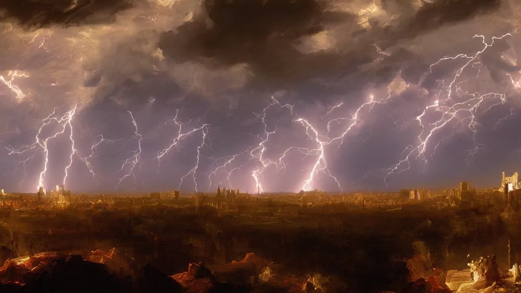 Image similar to Madrid painted by Thomas Cole with dramatic lightning, concept art, matte painting, 8k, highly detailed, artstation