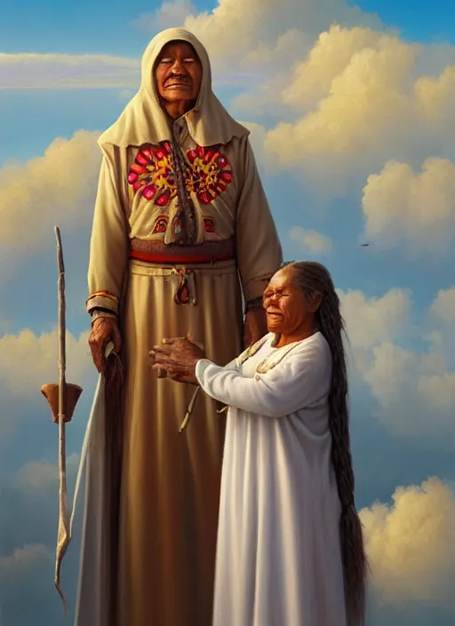 Image similar to portrait of an indigenous grandfather and grandmother in the clouds, smiling, protection, benevolence, ancestors, art by christophe vacher