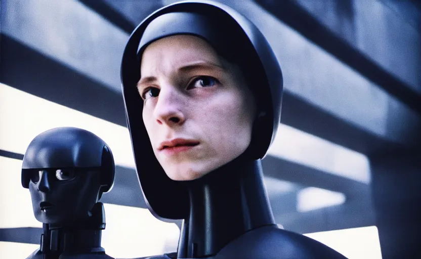 Image similar to cinestill 5 0 d candid photographic portrait by helen levitt of a feminine male android wearing black techwear on a brutalist dystopian spaceship, medium closeup, modern cyberpunk suspense emotional cinematic, solar storm, 8 k, hd, high resolution, 3 5 mm, f / 3 2, ultra realistic faces, ex machina