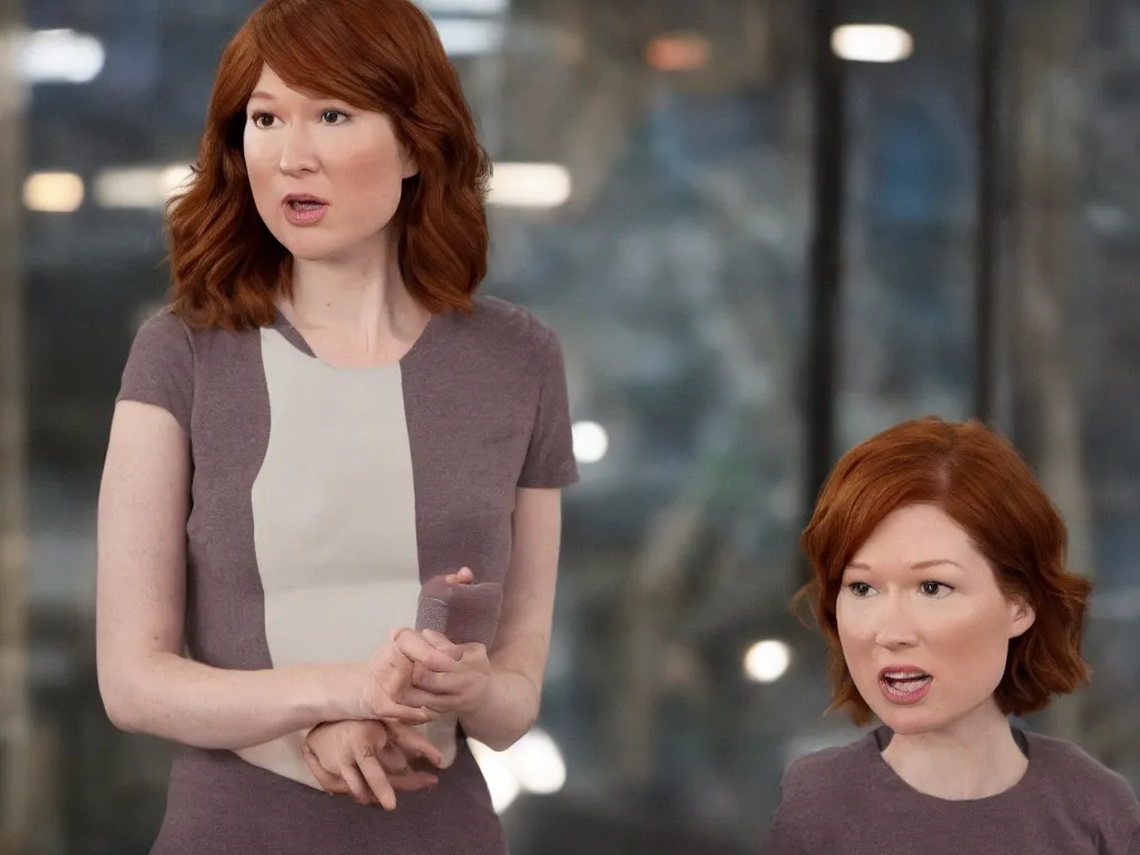 Image similar to realistic tabloid photo of Ellie Kemper trying to explain she's not Nebula