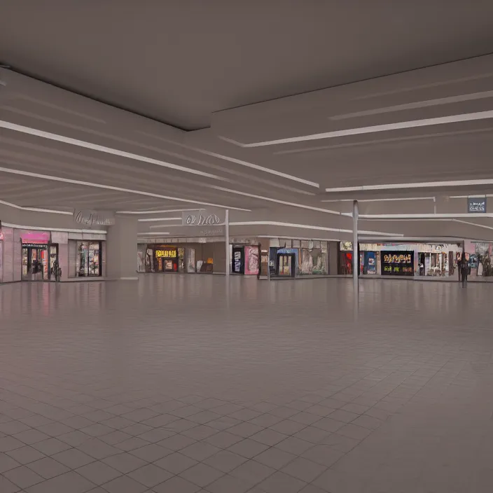 Prompt: vaporwave 7 0 s dreamy empty empty shopping mall, highly detailed, 3 d render, vray, octane, realistic lighting, photorealistic