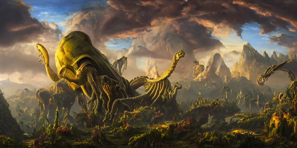 Image similar to fantasy oil painting, great leviathan, cybernetic turtle cephalopod terrapin reptilian pachyderm squid, bella hadid, hybrid, milla jovovich, anubis, epic natural light, lush plants flowers, spectacular mountains, bright clouds, luminous sky, outer worlds, golden hour, michael cheval, edward hopper, michael whelan, vray, hd