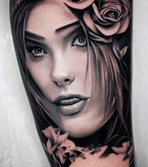 Image similar to tattoo design on white background of a beautiful girl warrior, roses, hyper realistic, realism tattoo, by eliot kohek, beautiful eyes, realistic face