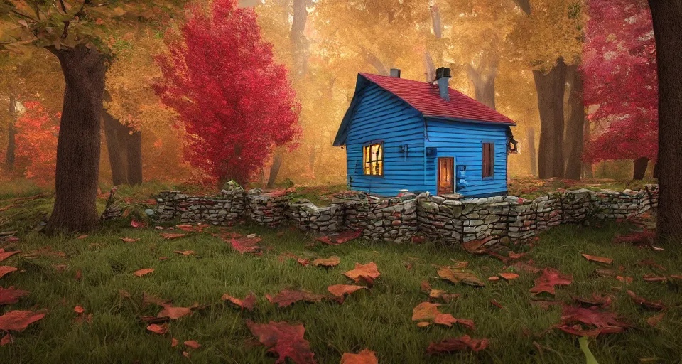 Image similar to colorful cottage in the middle of the woods, windy autumn day, peaceful environment, adventurous architecture, wooden fence, 3d render, unreal engine, trending on artstation, cgnation, by senior 3D artist