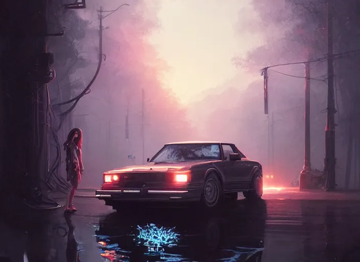 Image similar to detailed intricate digital illustration by greg rutkowski and artgerm and wlop and sanford robinson gifford ; 1 9 8 8 vehicle, glowing headlights ; 1 3 mm film, wide angle arri alfa anamorphic lens ; sharp focus, soft evening lighting, trending on artstation 4 k