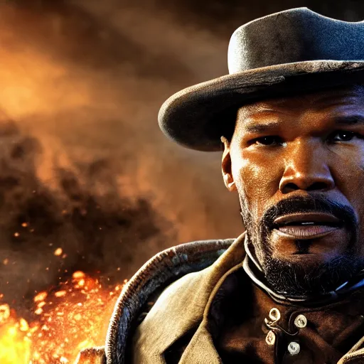 Prompt: Jamie Foxx as Django from Django Unchained in 'Gears of War', splash art, movie still, cinematic lighting, detailed face, dramatic, octane render, long lens, shallow depth of field, bokeh, anamorphic lens flare, 8k, hyper detailed, 35mm film grain