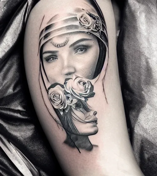 Image similar to tattoo design on white background of a beautiful girl warrior, roses, hyper realistic, realism tattoo, by eliot kohek, beautiful eyes, realistic face, black and white