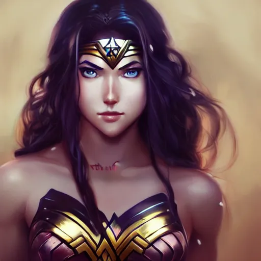 Image similar to A realistic anime wonder woman, digital painting, by WLOP and Rossdraws, digital painting, trending on ArtStation, deviantart