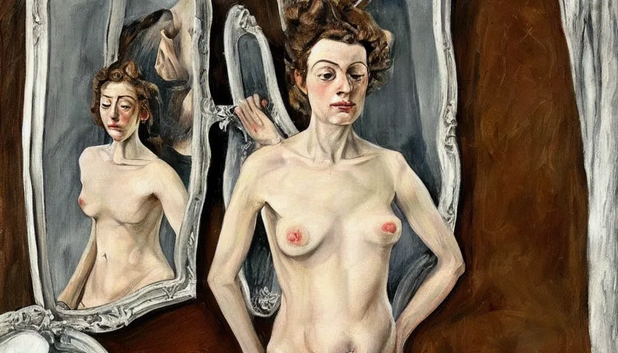 Image similar to painting by lucien freud, young woman in front of the mirror, detailed, stunning