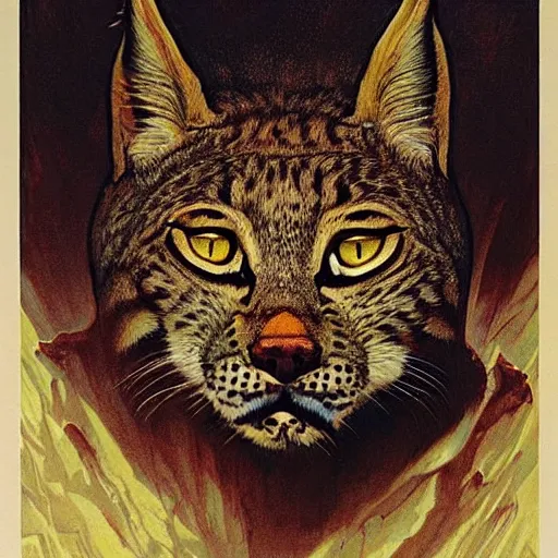 Image similar to giant distorted lynx cat looming over the horizon of a broken earth, perfectly clear face, by j. c. leyendecker and beksinski