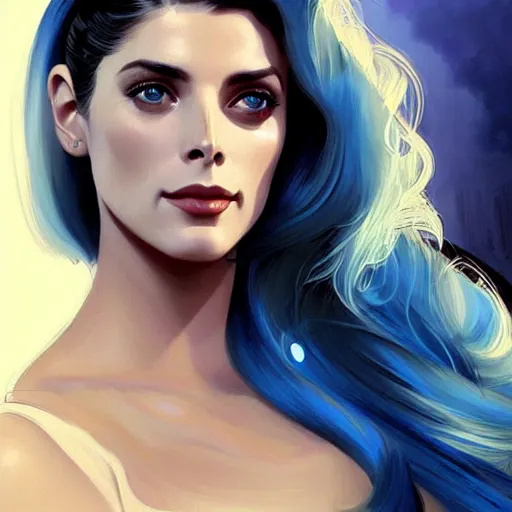 Image similar to Ashley Greene's face combined with Grace Kelly's face with blue hair as a Space Marine, western, D&D, fantasy, intricate, elegant, highly detailed, digital painting, artstation, concept art, matte, sharp focus, illustration, art by Artgerm and Greg Rutkowski and Alphonse Mucha