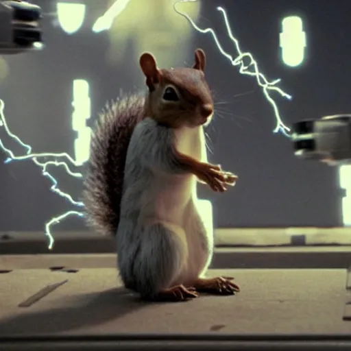 Image similar to atomic powered cybernetic squirrel farting lightning from his tail at an army of replicant robots