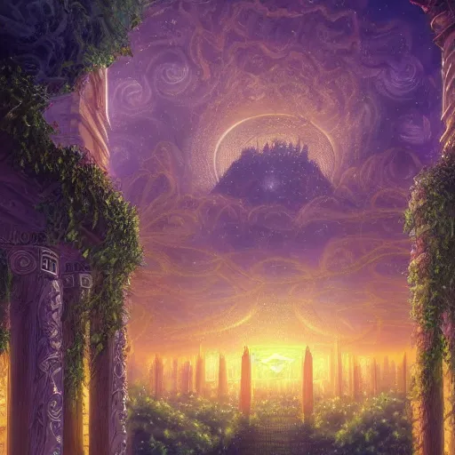 Image similar to beautiful highly detailed digital illustration of a celestial palatial garden with pillars of light towering above. by Andreas Rocha, colorful nebula in the night sky, stars, flowers and vines and creepers, establishing shot, cinematic, architecture, artstation HQ, HD, 8k resolution, featured in art magazine