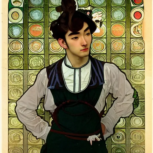 Prompt: full body painting of grumpy handsome thin beautiful young man in his 2 0 s named min - jun in a modest french female maid outfit and crossing his arms, modern clothing, elegant, clear, painting, stylized, sharp facial features, pouty, highly detailed, art, art by alphonse mucha