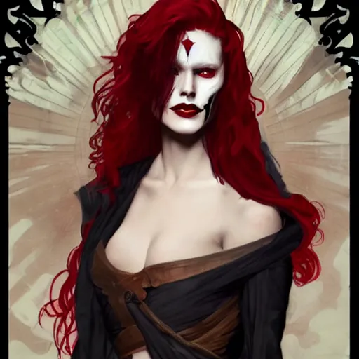 Prompt: DND character, portait of a woman with short!! red hair wearing white skull facepaint and sunglasses and a black cloak, video game art, trending on artstation, Gerald Brom, Alphonse Mucha