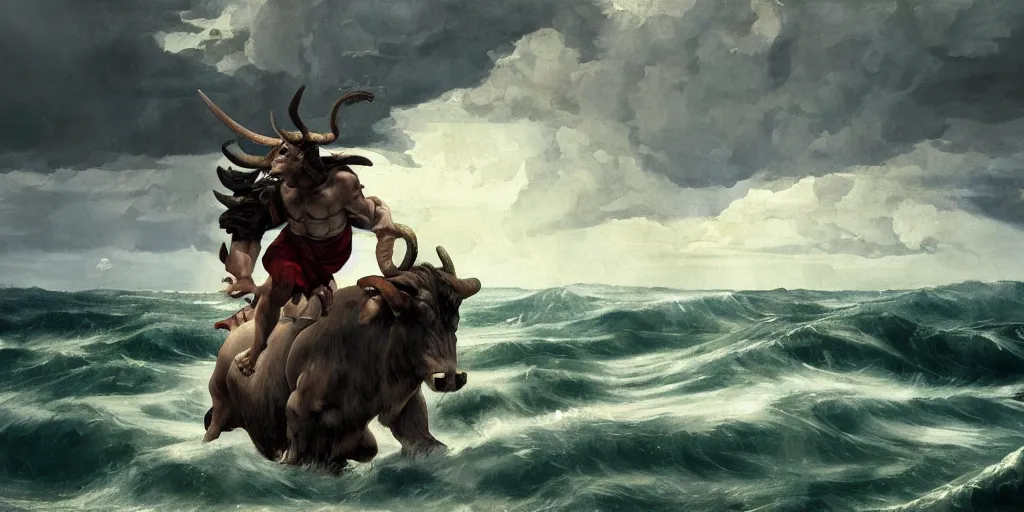 Image similar to Minotaur in Sea, by Caravaggio, studio ghibli, cinematic lighting, intricate, highly detailed, digital painting, trending on artstation, Illustration, epic scale