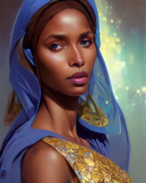 Image similar to Portrait of very very very very very very beautiful somali woman, spacesuit, blue eyes, real life skin, intricate, elegant, highly detailed, artstation, concept art, smooth, sharp focus, art by artgerm and greg rutkowski and alphonse mucha