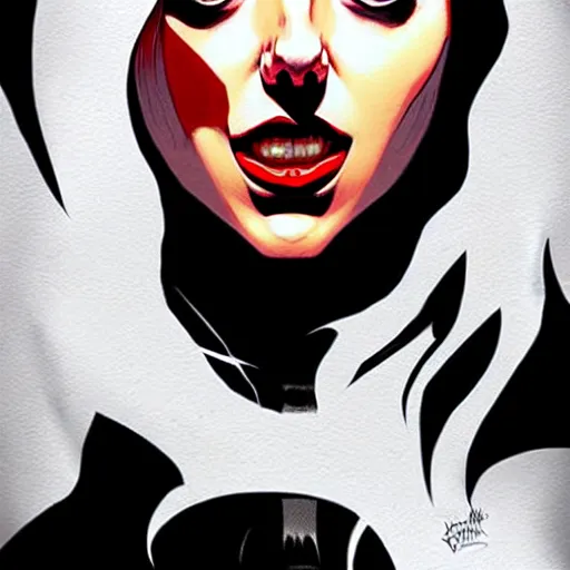 Image similar to rafael albuquerque comic art, peter mohrbacher, steve niles, phil noto, artgerm, pretty scarlett johansson vampire sharp vampire teeth open mouth, symmetrical eyes, black leather jacket, jeans, long blonde hair