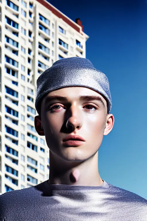 Image similar to un ultra high definition studio quality photographic art portrait of a young man standing on the rooftop of a british apartment building wearing soft padded silver pearlescent clothing. three point light. extremely detailed. golden ratio, ray tracing, volumetric light, shallow depth of field. set dressed.